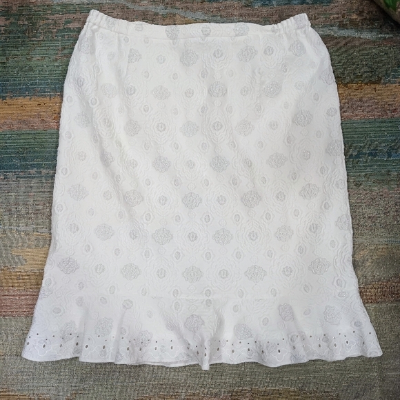 Sera Fina Women Crepe Puff White Silver Thread Eyelets Midi Skirt Size 24 *New* - Picture 2 of 8